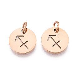 Стрелец 304 прелести нержавеющей стали, плоский круглый с созвездием / знак зодиака, розовое золото , Стрелец, 12x1 мм, отверстие : 3 мм
