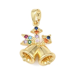 Christmas Bell Рождественские латунные подвески с микропаве из фианита, золотые, Рождественский колокольчик, 18x14x7 мм, отверстие : 2.8x5 мм