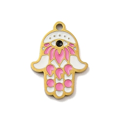 Бледно-Розовый 304 Подвески из нержавеющей стали с ионным покрытием (IP), с эмалью, хамса рука, реальный 18 k позолоченный, без кадмия, без никеля и без свинца, розовый жемчуг, 16x12x1 мм, отверстие : 1.2 мм