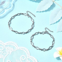 Stainless Steel Color 2Pcs 2 Styles 304 Stainless Steel Hollow Cross-Linked Chain Bracelets for Couple, Stainless Steel Color, 7-3/8~8 inch(18.7~20.4cm)