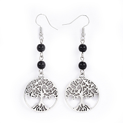 Black Agate Tibetan Style Alloy Dangle Earrings, with Natural Black Agate Beads and Iron Earring Hooks, Flat Round with Tree of Life, 71.5mm, Pin: 0.6mm