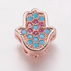 Розовое Золото Латунные шарики циркония кубической, hamsa рука / рука fatima / рука miriam, красочный, розовое золото , 9.5x8.5x4 мм, отверстие : 2 мм