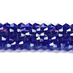 Dark Blue Transparent Electroplate Glass Beads Strands, AB Color Plated, Faceted, Bicone, Dark Blue, 4x4mm, Hole: 0.8mm, about 82~85pcs/strand, 12.01~12.2 inch(30.5~31cm)