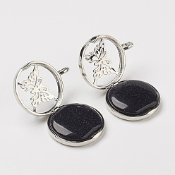 Синий Драгоценный Камень Синтетический синий авантюрин подвески, С выводами медальона из медных рассеивателей, плоские круглые с бабочкой, 31x26x8 мм, отверстие : 4 мм