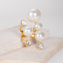 Золотой Латунные стразы регулируемые манжеты открытые кольца для женщин, с пластиковыми жемчугом, золотые, внутренний диаметр: регулируемый