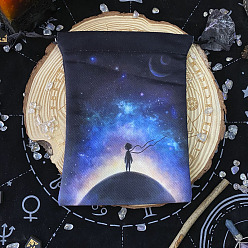 Blue Universe Theme Velvet Tarot Cards Storage Drawstring Bags, Tarot Desk Storage Holder, Rectangle with Planet Pattern, Blue, 18x13cm