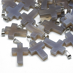 Серый агат Природные серые агаты подвески, с защелкой из нержавеющей стали на поручнях, крестик, 29~30x18~19x5~6 мм, отверстие : 6x4 мм