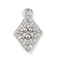 Платина Латунные микропаве прозрачные подвески с фианитом, без кадмия, без никеля и без свинца, долговечный, ромб с отпечатками лап, платина, 14x9x2.5 мм, отверстие : 1.2 мм
