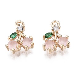 Real 18K Gold Plated Brass Charms, with Pink Cubic Zirconia, Cherry, Real 18K Gold Plated, 11x8x3mm, Hole: 1.2mm
