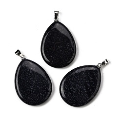 Синий Драгоценный Камень Синтетический синий авантюрин подвески, Подвески в форме капли с 304 защелкивающимися креплениями из нержавеющей стали, цвет нержавеющей стали, 43.5~45x29.5~30.5x6~7.5 мм, отверстие : 7.5x4.5 мм