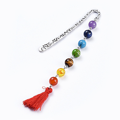 Rot Chakra-Schmuck, Legierung Bookmarks, mit natürlichen / synthetischen Edelsteinperlen, Baumwollfaden-Quasten, rot, 146x14.5 mm
