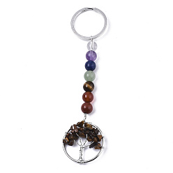 Tiger Eye Natural Tiger Eye Chips Chakra Keychain, with Platinum Plated Stainless Steel Split Key Rings and Mixed Stone Round Beads, Flat Round with Tree of Life, 122mm