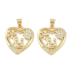 Настоящее золото 18K Латунные подвески с кубическим цирконием ко Дню матери, сердце прелести, без свинца и без кадмия, долговечный, стойки покрытие, реальный 18 k позолоченный, 20.5x19.5x2.8 мм, отверстие : 3.2x4.2 мм