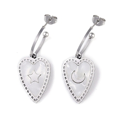 Stainless Steel Color Heart 304 Stainless Steel Shell Stud Earrings, Moon & Star Pattern Dangle Earrings for Women, Stainless Steel Color, 38.5x15mm