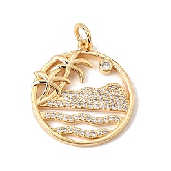 Real 18K Gold Plated Brass Micro Pave Clear Cubic Zirconia Pendants, Round with Beach & Coconut Tree Charms, Cadmium Free & Lead Free & Nickel Free, Real 18K Gold Plated, 25x22x2.5mm, Hole: 4mm