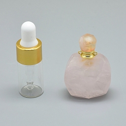 Rose Quartz Natural Rose Quartz Openable Perfume Bottle Pendants, with Brass Findings and Glass Essential Oil Bottles, 39~50x26~29x16~21mm, Hole: 1.2mm, Glass Bottle Capacity: 3ml(0.101 fl. oz), Gemstone Capacity: 1ml(0.03 fl. oz)