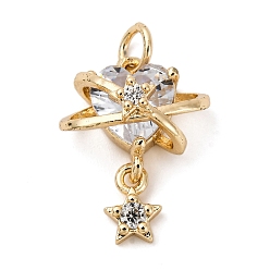 Light Gold Латунные подвески с кубическим цирконием, сердце со звездными подвесками, с целью перехода в кольце, без кадмия и без свинца, стойки покрытие, долговечный, золотой свет, 18x14.5x8.5 мм, отверстие : 3 мм
