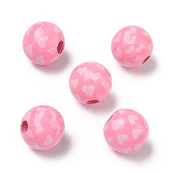 Pink Европейские деревянные бусины ко Дню святого Валентина, окрашенные распылением и напечатанные, круглые с сердца шаблона, бусины с большим отверстием, розовые, 15~16 мм, отверстие : 4 мм
