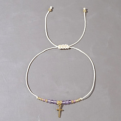 Аметист Натуральные аметистовые плетеные браслеты из бисера, Браслеты с подвесками в виде креста из нержавеющей стали для женщин, граненые