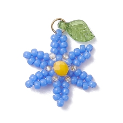 Васильковый Подвески-цветы из стеклянных бус, с акриловой бусиной в форме листа и 304 соединительными кольцами из нержавеющей стали, васильковый, 21.5x17.5x5 мм, отверстие : 3 мм