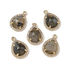 Лабрадорита Подвески из натурального лабрадорита с огранкой в виде капли, подвески-капли из латунного микропаве с прозрачным кубическим цирконием из горного хрусталя, стойки покрытие, долговечный, золотые, 16.5x12x5 мм, отверстие : 1.2 мм