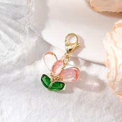 Персиковый Слойка Стеклянные подвески украшения, с 304 из нержавеющей стали Lobster Claw застежками, цветок, розовые, 35 мм