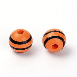 Orange Natural Chinese Cherry Wood Beads, Round with Stripe Pattern, Orange, 15x16mm, Hole: 4mm