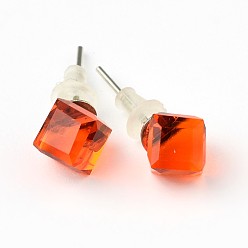 Огненный Опал Блестящие стеклянные стразы серьги, с компонентами платины латунь уха шпильки, огонь Opalite, 9x7 мм , штифт: 0.7 мм
