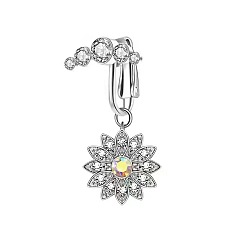 Цветок Латунные кольца с прозрачными кубическими цирконами и паве, с 304 нержавеющей стали застежки, платина, цветок, 31 мм