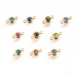 Mixed Color 304 Stainless Steel Rhinestone Links connectors, Flat Round, Golden, Mixed Color, 12x6.5x4mm, Hole: 2mm