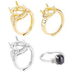 Платиновый & Золотой 4 шт. 4 стиль регулируемые латунные микро паве прозрачные кубические цирконии солитер оправы кольца, настройки зубчатого кольца, овальные, платиной и золотом, внутренний диаметр: 17~18 мм, лоток : 9.5~14x7.5~10 мм, 1 шт / стиль