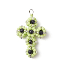 Зелено-Желтый Подвески-кресты из стеклянного бисера, с 304 петлей из нержавеющей стали и синтетическими синими бусинами из авантюрина, цвет нержавеющей стали, зеленый желтый, 38x27x11 мм, отверстие : 4.5 мм