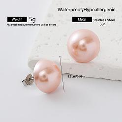 Pink 304 Stainless Steel Freshwater Pearl Round Stud Earrings for Women, Stainless Steel Color, Pink, 15mm