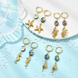 Mixed Shapes Ocean 304 Stainless Steel and Paua Shell Dangle Earrings, with Brass Huggie Hoop Earrings, Golden, Mixed Shapes, 52~55mm