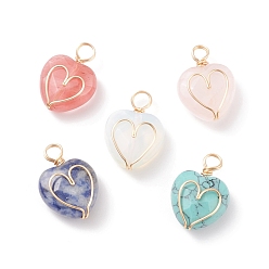 Mixed Stone Natural & Synthetic Gemstone Pendants, Twisted with Golden Tone Copper Wire, Facted, Heart, 21x15x8.5mm, Hole: 3.4~4mm