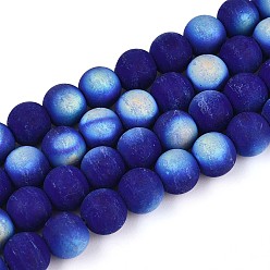 Темно-Синий Матовые непрозрачные стеклянные бусы пряди, круглые, с половиным покрытием, с покрытием AB цвета, темно-синий, 9.5~10 мм, отверстие : 1.2 мм, около 39~41 шт / нитка, 14.57~15.75 дюйм (37~40 см)