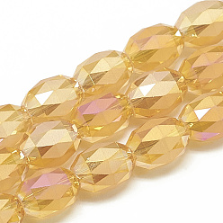 Оранжевый Стеклянные бусины с гальваническим покрытием , с покрытием цвета радуги, наполовину матовый стиль, граненые и овальные, оранжевые, 12~13.5x10 мм, отверстие : 1.4 мм, около 50 шт / нитка, 24.4 дюйм