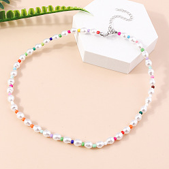 Разноцветный Стеклянные бусины с пластиковым жемчугом овальные бусины ожерелья для женщин, платина, красочный, 16.54 дюйм (42 см)