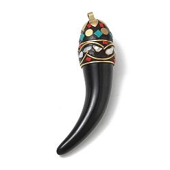 Black Brass & Resin & Polymer Clay & Natural Shell Big Pendants, Horn Cornicello Charm, Black, 91~93.5x22.5~24x23.5~24.5mm, Hole: 4~4.5x4.5~5mm