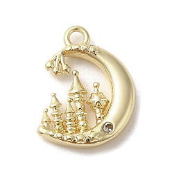 Golden Brass Micro Pave Cubic Zirconia Charms, Moon with Tower, Golden, 12x9.5x2mm, Hole: 1.2mm