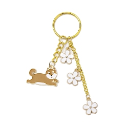 Golden Alloy Enamel Keychain, with Iron Ring, Dog with Flower, Golden, 9.95cm