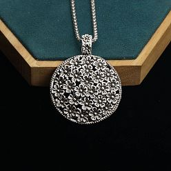 Античное Серебро Плоские круглые с рельефным цветком ожерелья из сплава с подвеской для женщин, античное серебро, 23.62 дюйм (60 см)