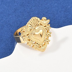 Настоящее золото 18K 304 регулируемые кольца для женщин в форме сердца из нержавеющей стали, святое сердце, реальный 18 k позолоченный, 20.5x18.5 мм, размер США 7 1/4 (17.5 мм)