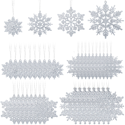 Silver 36Pcs Snowflake Plastic Pendant Decorations, with Cord, for Christmas Tree Decoration, Silver, 50.5~105x45.5~97x2mm, Hole: 2.5~3mm