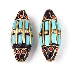 Бирюза Индонезийские бусины ручной работы, рис, со смолой и непокрытой латунью, бирюзовые, 38.5~39x14~16.5 мм, отверстие : 1.6~1.8 мм