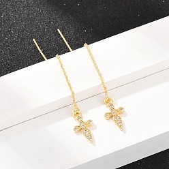 Золотой Латунный крест с микропаве и прозрачными кубическими циркониями, нить для ушной серьги, стойки покрытие, долговечный, без свинца и без кадмия, золотые, 66x8 мм