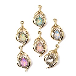 Oro Colgantes de vidrio de aleación de chapado uv, encanto de lágrima, con diamante de imitación, facetados, color mezclado, dorado, 32x15.5x4 mm, agujero: 1.8 mm