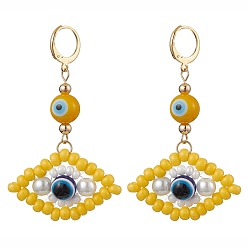 Золотистый Серьги-кольца из стеклянных бусин от сглаза, с лампворком и бусинами из смолы, золотые, золотые, 63x22 мм