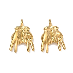 Real 18K Gold Plated 304 Stainless Steel Pendants, Double Peace Sign Hands Charms, Ion Plating(IP), Real 18K Gold Plated, 16x11x2.8mm, Hole: 1.6mm