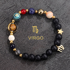 Дева 12 Знак зодиака, круглые бусины из натурального черного обсидиана и синтетические смешанные драгоценные камни, браслеты с подвесками для мужчин и женщин, Дева, 7-1/8 дюйм (18 см)